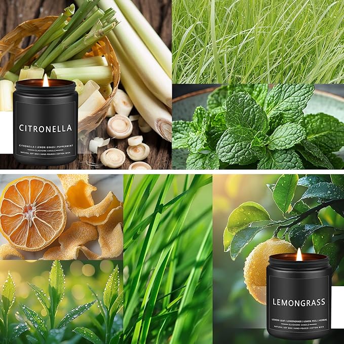 Outdoor Candles for Men, Scented Candles for Summer, Gifts for Father Dad & Boyfriend, Soy Jar Candle for Home Scented - Citronella/Lemon Eucalyptus/Lemongrass/Sage & Citrus (7oz - 4 Pack)