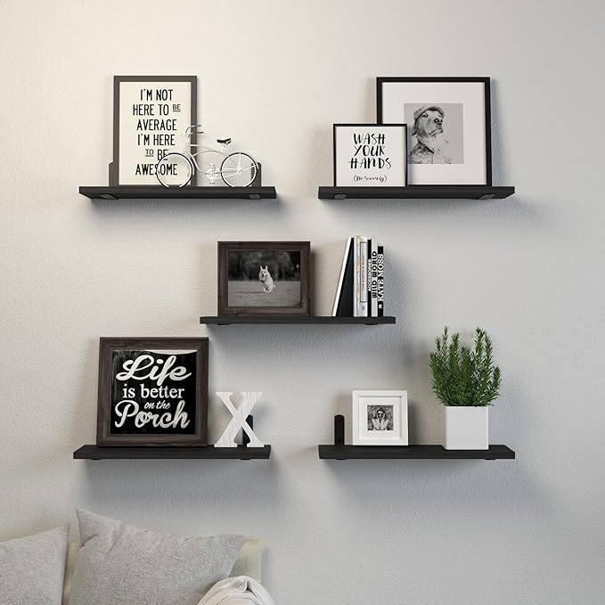Floating Shelves, 5 Sets Wall Shelves, Wood Floating Shelves for Bedroom Wall Décor, Wall Mounted Floating Bathroom Shelf for Storage, Floating Book Shelf, Living Room – Black