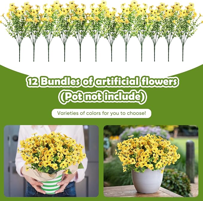 Artificial Flowers for Outdoors, 12 Bundles Artificial Plants & Flowers Outdoor, UV Resistant Faux Flowers Silk Fake Flower for Outside Porch Pot Window Garden Planter Decoration(Yellow)
