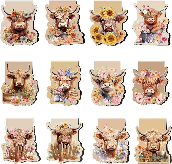 Highland Cow Magnetic Bookmarks: 12 Pcs Cute Cow Magnet Book Page Markers, Flower Animal Book Mark Clips for Reading, Gifts for Kids Women Students Book Lovers Office School Supplies