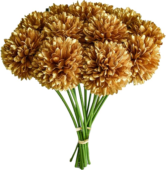 Mandy's Gold Artificial Ball Chrysanthemum 12 Stems Faux Flowers with Bendable Stems for DIY Wedding Centerpiece Fall Decor Home Arrangements