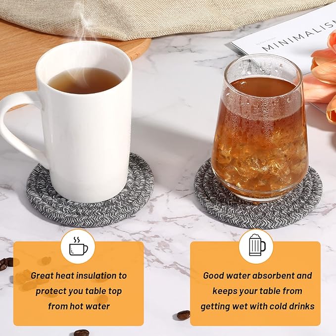Mckanti 8 Pcs Coasters for Drink with Holder, 4 Colors Absorbent Coasters for Drinks, Minimalist Cotton Woven Coaster Set for Home Decor Tabletop Protection Suitable for Kinds of Cups, 4.3 Inches.