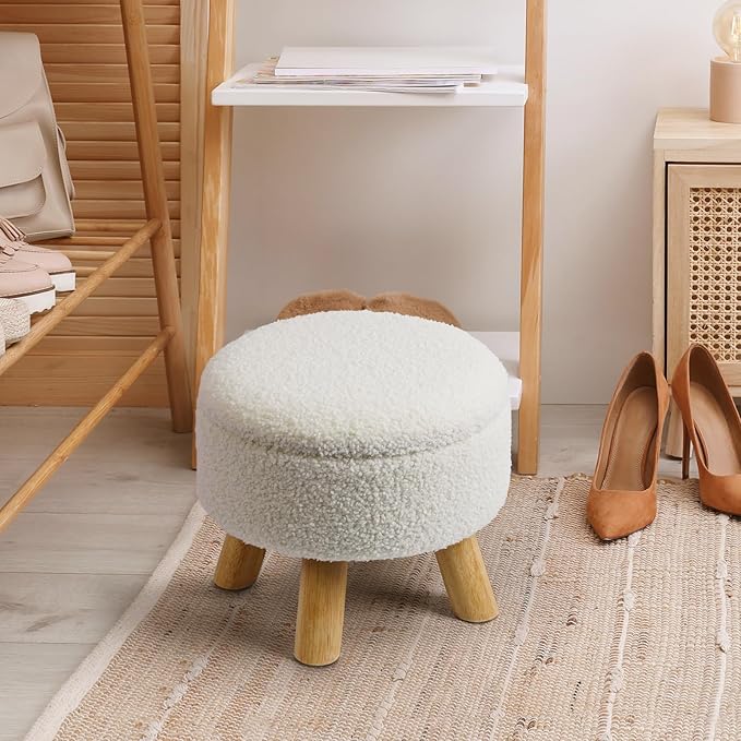 Ottoman Foot Rest, Small Round Ottoman with Storage, Boucle Teddy Velvet Footstool with Wood Legs, Soft Sponge Storage Ottoman for Living Room, Bedroom, Couch, Enterway (Cream)