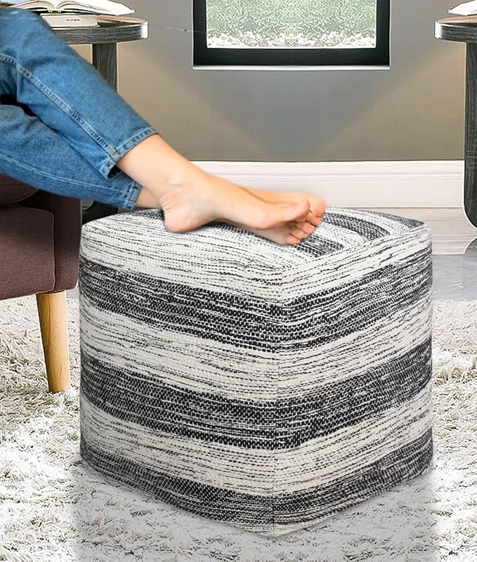 COTTON CRAFT Handwoven Stripe Dhurrie Pouf - Ottoman Foot Stool Bean Bag - Dorm Bedroom Home Décor Accent Seating - Boho Modern Comfortable Prefilled Cotton Pouf Footrest - 16 inch Square - Black