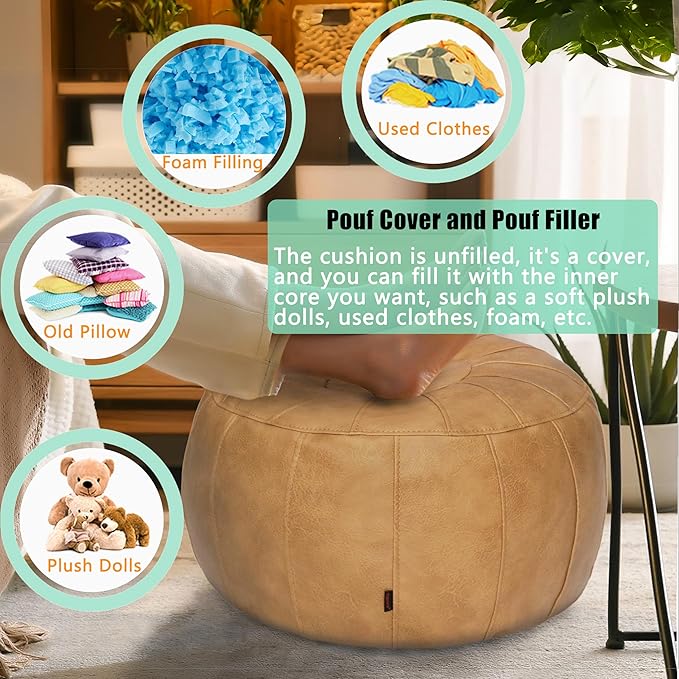 Thgonwid Unstuffed Moroccan Ottoman Pouf Cover, Ottoman Footstool Storage Solution, Bean Bag Chair, Foot Rest, Camel