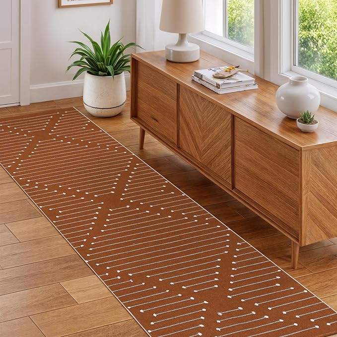 LIVEBOX Burnt Orange Runner Rug for Kitchen, 2'x8' Boho Washable Rug Runner for Hallway,Moroccan Cotton Long Entryway Area Rug Indoor Carpet for Bedroom Laundry Doorway Entry