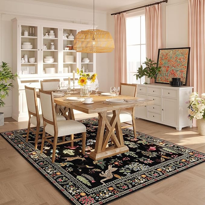 Living Room Rug 6x9 Rug Machine Washable Boho Area Rug Non Slip Floral Animal Vintage Low Pile Large Rug for Living Room, Bedroom, Farmhouse, Dining Room, Kids Playroom (Black)