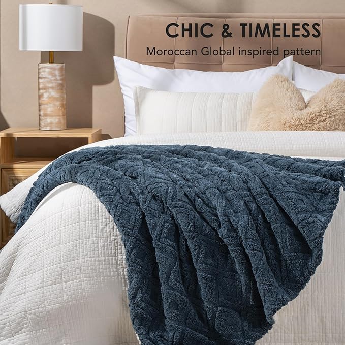 EVERGRACE Jacquard Boho Sherpa Fleece Throw Blanket for Couch, Super Soft Cozy Fuzzy Plush Blankets for All Seasons, Reversible Thick Warm Blanket for Bed, Sofa, Living Room, Stormy Blue, 50" x 60"