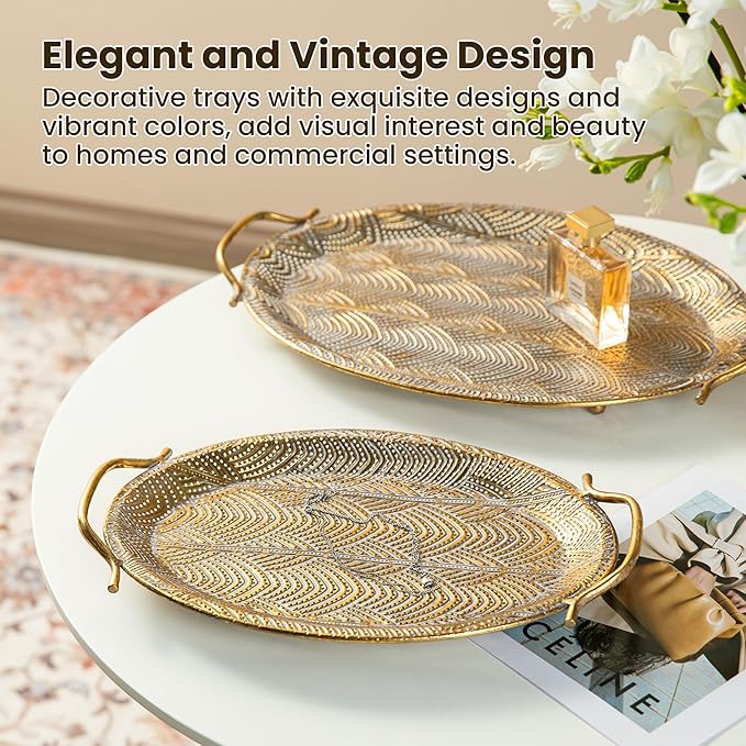 Glitzhome Set of 2 Vintage Gold Decorative Trays with Handles, Metal Large Oval Jewelry Decorative Trays, Bathroom Dresser Vanity Trays
