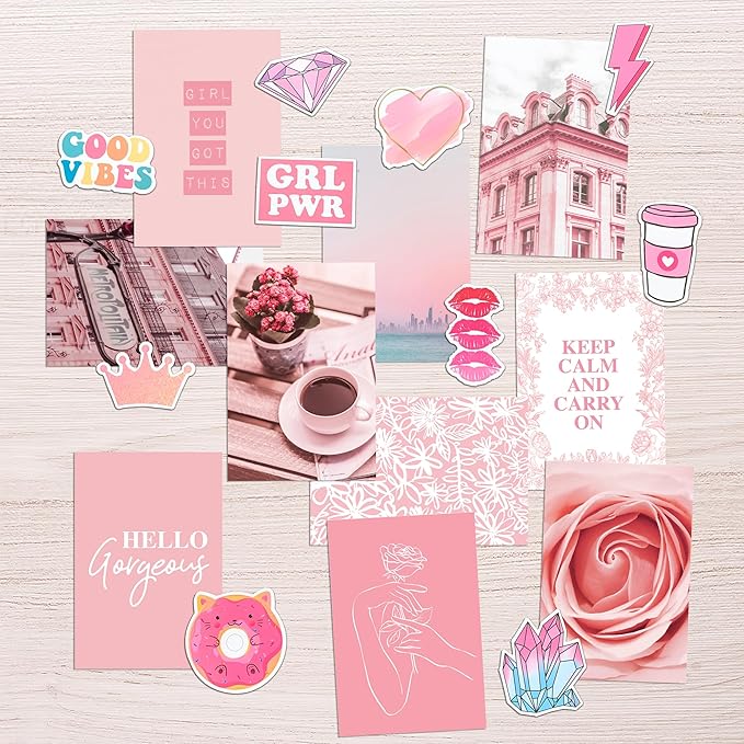 Artivo Pink Aesthetic Wall Collage Kit,100 Set 4x6 inch,Room Decor for Teen Girls,Pretty Blush Pink Wall Art Print,Dorm Photo Collection,Small Posters for Room Aesthetic