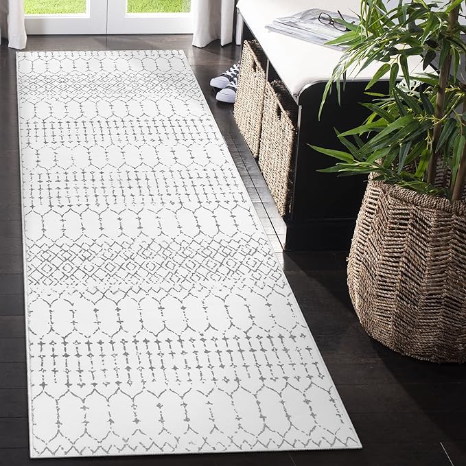 Lahome Moroccan Small Runner Rug - 2x5 Rug Runner Non-Slip Washable Laundry Room Rugs Throw Lightweight Hallway Carpet Indoor, Geometric Print Mat for Bedroom Kitchen (White, 2'x5')
