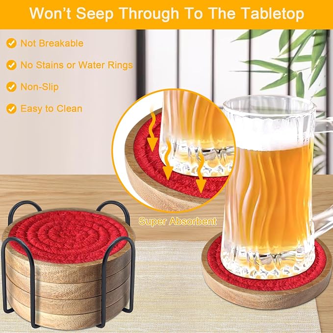 Woven Coasters Set of 5 with Holder, Wooden Drink Coasters for Coffee Table, Housewarming Gift for Farmhouse Home Decor, 4 inches (Red)