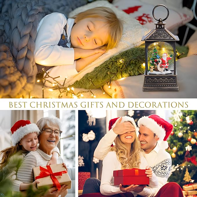 Christmas Snow Globes, 8" Santa Claus Glitter Water Lantern with 8 Songs, 6H Timer Battery & USB Powered Music Box for Christmas Decorations Indoor