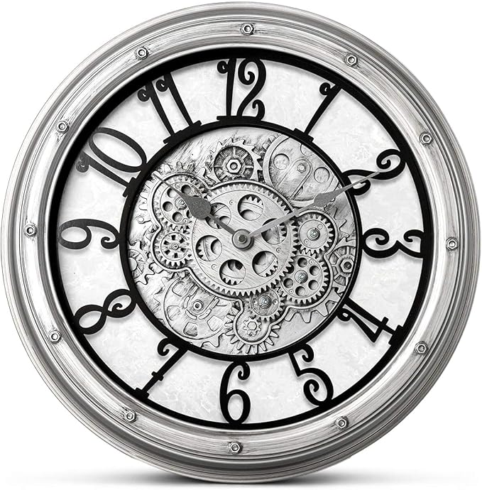 Wall Clock with Moving Gears, Vintage Industrial 16-Inch Silent Non-Ticking Steampunk Timepiece, Retro Frame Analog Battery Operated Rustic Mechanical Decor for Living Room, Home, Office, Loft(Sliver)