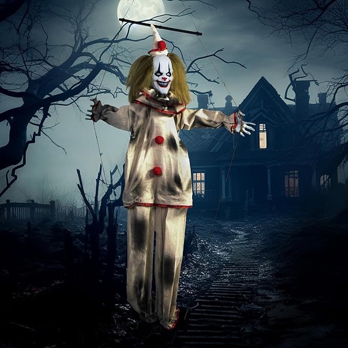 Haunted Hill Farm Scary Swinging Talking Clown Animatronic with Touch Activated Lights and Sounds, Battery Operated Indoor or Covered Outdoor Decoration, Creepy Halloween Prop