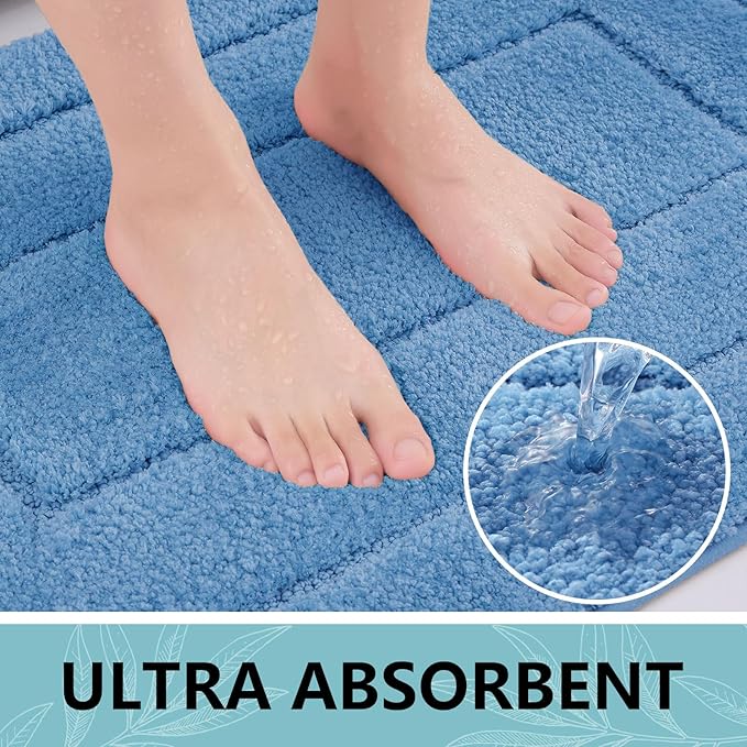 Buganda Bathroom Rugs, 24" x 16", Soft and Absorbent Microfiber Bath Rugs, Non-Slip Shaggy Shower Carpet, Machine Wash Dry Bath Mats for Bathroom Floor, Tub and Shower, Blue
