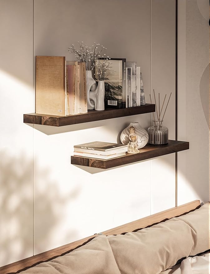 BATODA Set of 2 24" Acacia Floating Shelves for Wall – Rustic Farmhouse Wood Floating Shelf - Book Shelf for Wall & House Décor - DIY Floating Book Shelves - with Brackets & Hardware (Walnut Color)