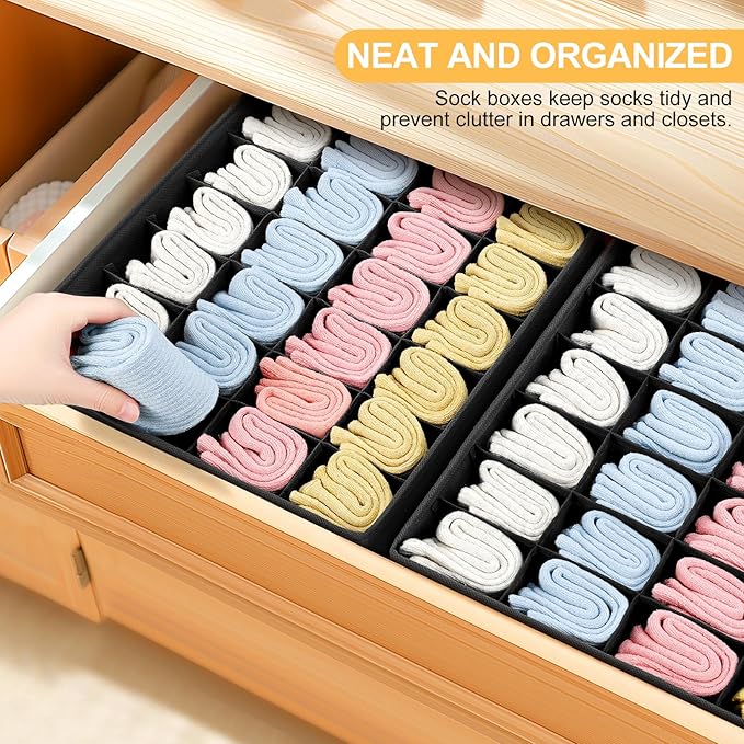 Joyoldelf Sock Drawer Organizer Divider 2 Packs Underwear Organizer, 24 Cell Collapsible Closet Cabinet Organizer Underwear Storage Boxes for Storing Socks, Handkerchiefs, Ties, Belts (Black)