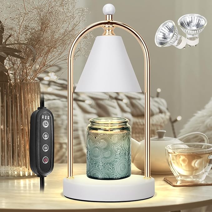 Soilsiu Candle Warmer Lamp With Timer, Electric White Light for Bedroom, Dimmable Wax Melts Warmer for Jars, Beside Lamp Gifts for Women Home Decor (2 Bulbs Included)