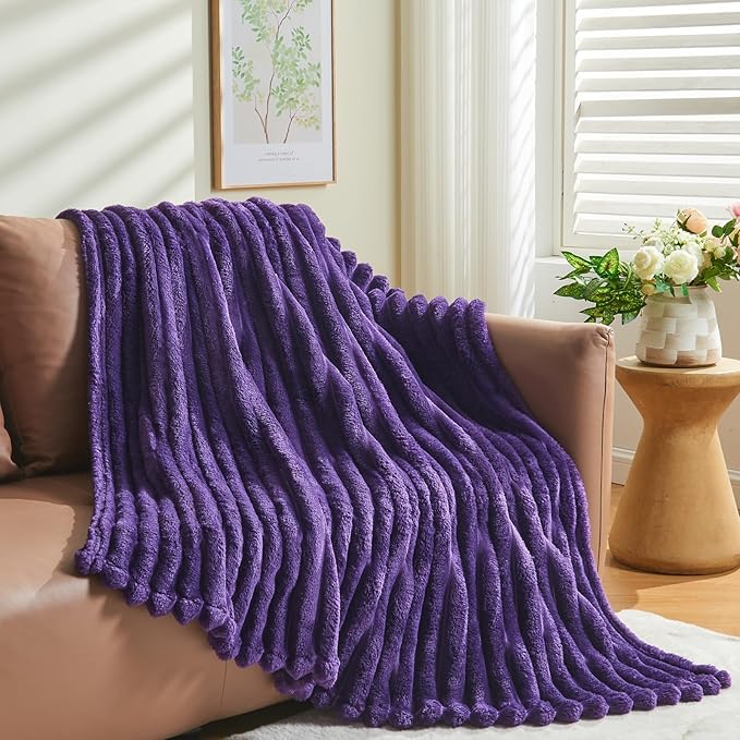 NEWCOSPLAY Super Soft Twin Blanket Purple Premium Silky Flannel Fleece 3D Ribbed Jacquard Lightweight Bed Blanket All Season Use (Purple Ribbed, Twin(60"x80"))