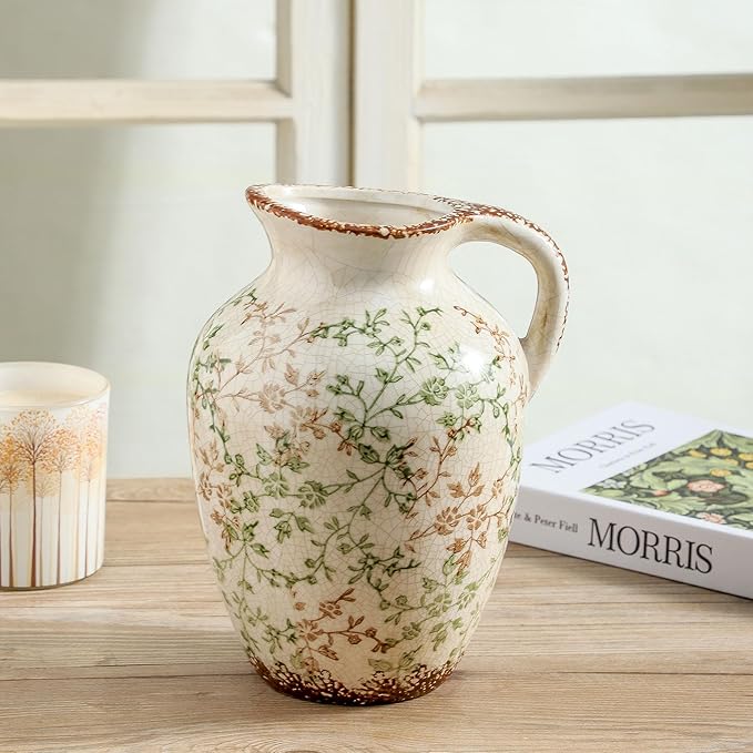 Enra Vintage vase,Ceramic Chinoiserie Floral Vase,Green and Beige Decorative Flower vase,Large Rustic Vases for Home Decors, Living Room, Bookshelf, Office,9.7 inch
