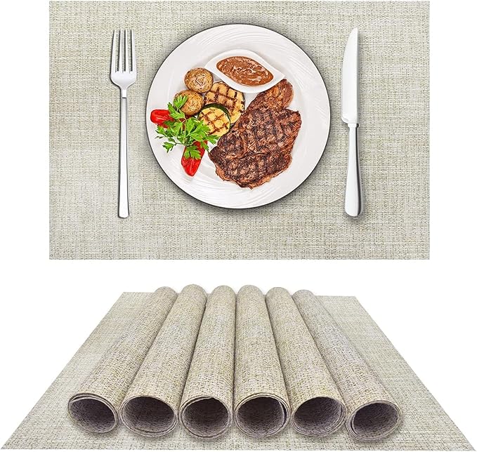 DACHUI Placemats Set of 6, Linen Look Woven Place Mats, Water Resistant, Heat Resistant, Washable, Durable Table Mats (Beige White)