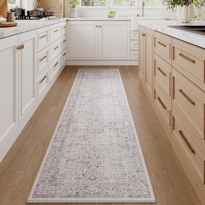 Gray Runner Rug 2x10 Hallway Machine Washable Kitchen Vintage Distressed Non Slip Long Carpet Indoor Grey Retro Floral Bedroom Accent Throw Rug for Bathroom Office Laundry Dining Living Room