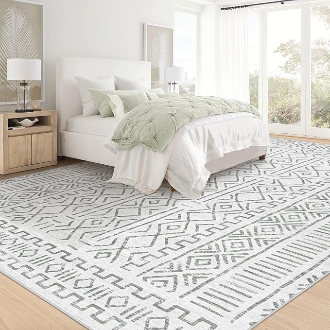 9x12 Area Rug Living Room: Washable Boho Geometric Moroccan Rug Neutral Modern Farmhouse Indoor Soft Non Slip Ultra Thin Large Printed Pattern Carpet for Bedroom Home Office (BeigeGray, 9'x12')