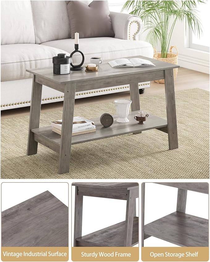 2-Tie Coffee Table, Rustic Wood Living Room Tables with Open Rectangular Storage Compartment, Coffee Tables for Living Room, Outdoors, Home Office, Bedroom, Grey