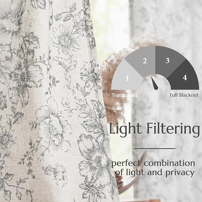 jinchan Linen Blend Curtain Floral Curtains for Living Room 96 Inch Length Grey Printed Curtain Back Tab Farmhouse Peony Flower Patterned Drapes Bedroom Window Curtains Set 2 Panels