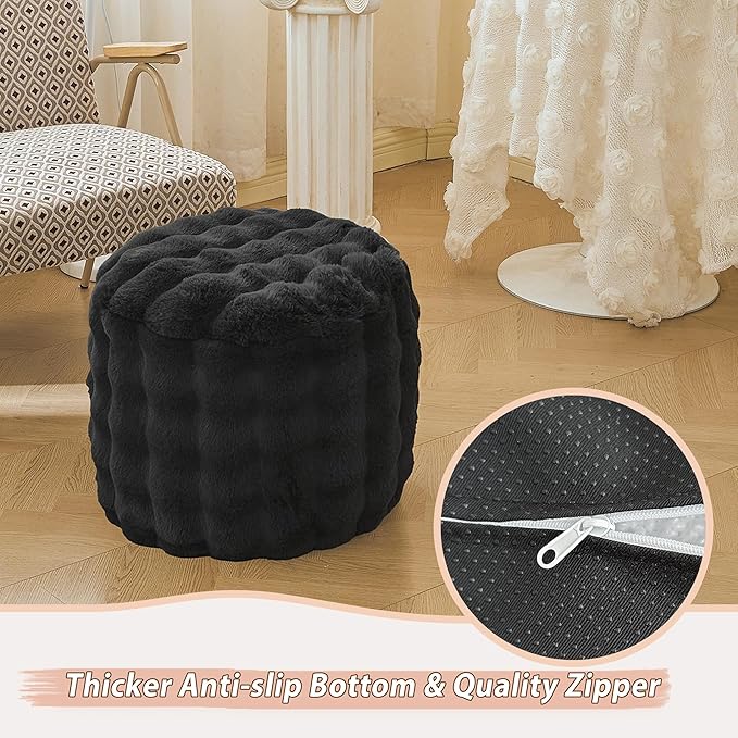 LIFEREVO Luxury Faux Rabbit Fur Round Inflatable Pouf Ottoman, 20 X 16 Fluffy Waffle Bubble Floor Poufs Foot Stool Rest Living Room Bedroom, Furry Pouf Ottoman Chair Seat Home Decor, Anti-Slip, Black