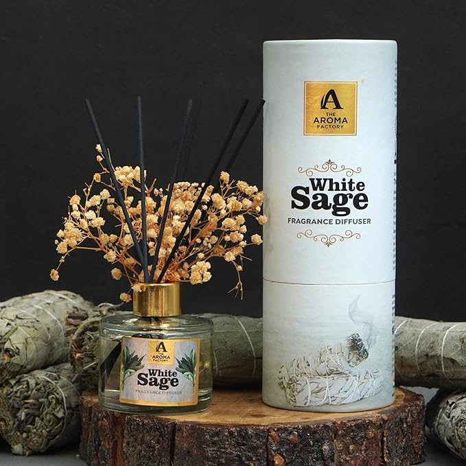 The Aroma Factory Fragrance Reed Diffuser Set with Natural Essential Oil, Aroma Sticks & Real Preserved Flowers | Luxury Home Decor Scent (White Sage, 1 Pack)