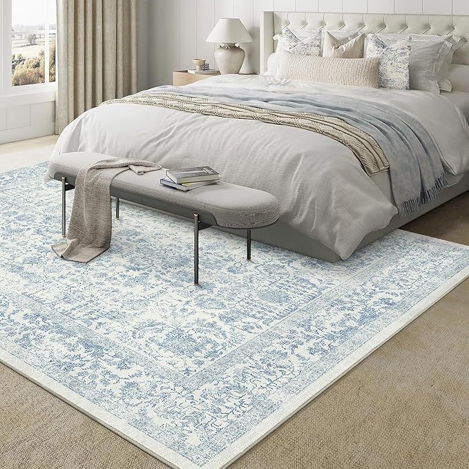 Blue Area Rug 9x12 Machine Washable Large Vintage Living Room Distressed Non Slip Carpet Traditional Indoor Bedroom Retro Floral Accent Throw Rug for Office Kitchen Dining Room
