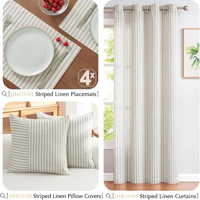 JINCHAN Linen Striped Placemats Set of 4 Gray Farmhouse Cloth Place Mats Sturdy Table Mats Soft Washable Placemats for Kitchen Dining Table Double Layer Heat Resistant Tablemats 13x19 Inch Grey