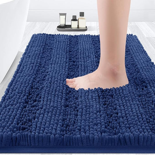 ACCUMTEK Striped Denim Blue Bathroom Rug Mat 32"x20" Ultra Soft, Non Slip Chenille Bath Rugs, Absorbent Plush Shaggy Bath Mats for Bathroom, Bedroom, Kitchen, Shower, Tub