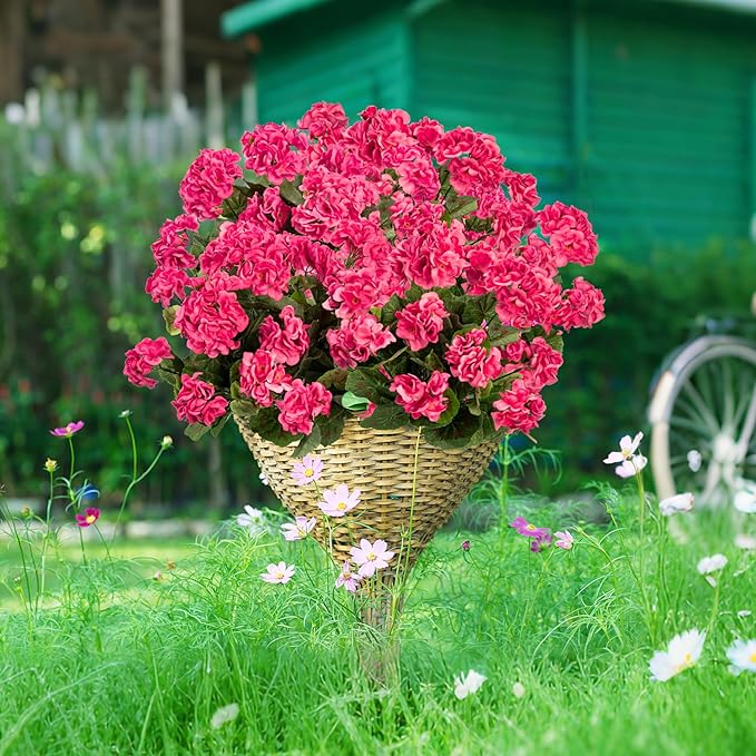 Plastic Flowers for Outdoors Home Decor Fake Plants Artificial Flowers Artificial Geraniums Outdoor Fake Flowers Silk Bouquet, Fall Decor for Interior Porch Garden Decor 14.4"(Rose Red) 8PCS