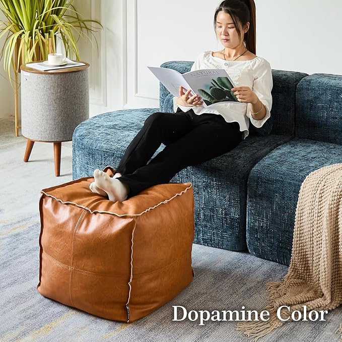 Pouf Ottoman, Unstuffed Pouf Cover, Handmade Faux PU Leather Moroccan, Orange Brown 17.7" Square, Foot Rest for Living Room, Floor Chair Gifts for Men Women, (Only Cover)