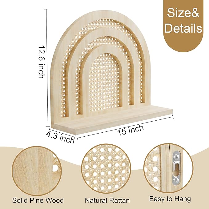 Rattan Wall Arched Shelf - Boho Nursery Decor, Woven Natural Wood Wicker, 15''L Neutral Handcrafted, Rainbow Decorative for Living Room, Bedroom & Bathroom