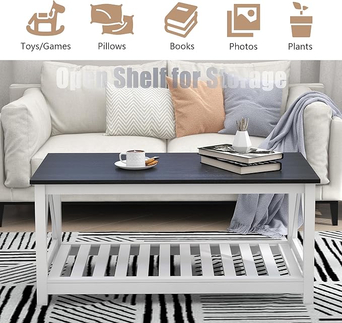 Farmhouse Coffee Table for Living Room, 2-Tier Rectangular Wooden Centre Cocktail Table with Slats Shelf Storage and V-Shaped Frame, Oak Blak