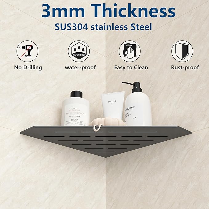 Grey Metal Corner Shelf, Floating Corner Shelves for Tile Wall, Tile Shower Shelf, 304 Stainless Steel Wall Storage Shelves for Bathroom, No Drilling, 10 Inch, 1 Pack