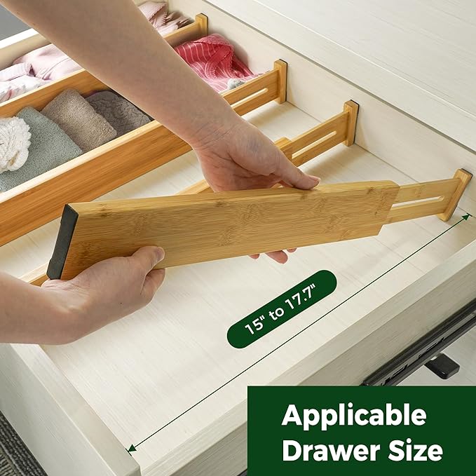 Utoplike 4 PCS Bamboo Kitchen Drawer Dividers(Fits 15"-17.7" Drawer Inner Size), Adjustable Drawer Organizers for Socks, Spring Loaded, Works in Drawer for Bedroom, Kitchen, Dresser, Bathroom, Desk