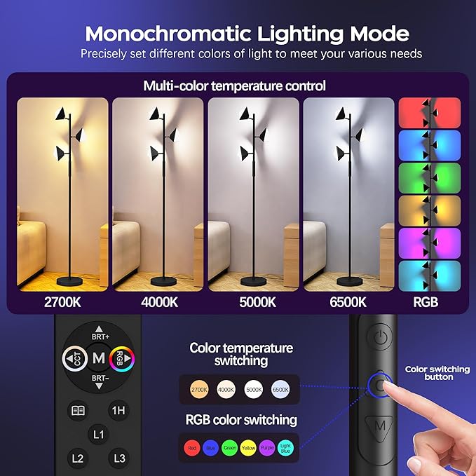 QiMH RGB Floor Lamp for Living Room, 36W LED Standing Lamp with 3 Lights, Dimmable Smart Lamp with Remote & Touch Control, Colors Changing& DIY Mode, Modern Tree Tall Lamp for Bedroom, Black