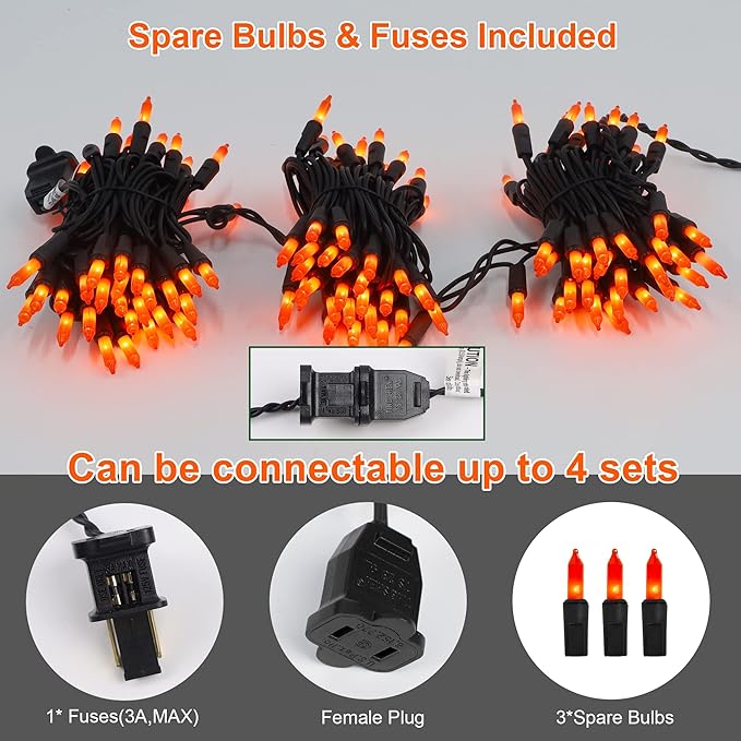 Halloween Lights, 33ft 150 Count Black Wire Incandescent Christmas Mini Lights, 120 V High-voltage UL Certified Clear Light String Connectable, for Indoor Outdoor Patio Tree Party Home Decor, Orange