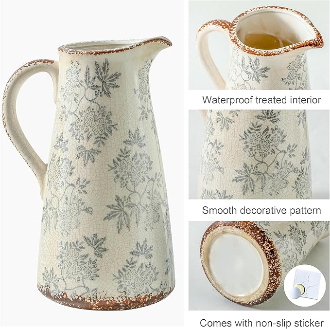 Enra Blue and White vase with Handle,12.2 inch Ceramic Vintage Decorative Flower Pitcher vase, Chinoiserie Floral Vase,Large Rustic Vases for Home Decors, Living Room, Bookshelf, Office