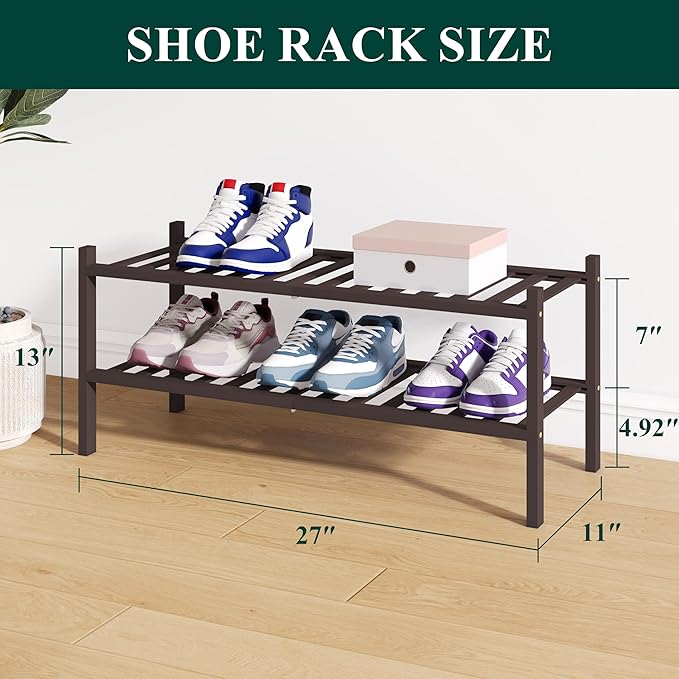 Smiry Bamboo Shoe Rack for Closet, 2 Tier Wooden Stackable Shoe Organizer, Free Standing Shoes Storage Shelf for Entryway, Front Door Entrance, Brown