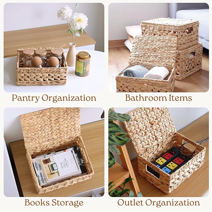 14in Wicker Storage Baskets with Lids, Set of 3 Natural Water Hyacinth Decorative Boxes for Shelf, Woven Lidded Baskets for Organizing, Rattan Storage Box, Nesting Baskets with Lids
