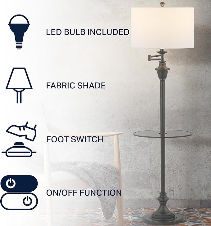 JONATHAN Y JYL3055D Cora 60" Metal/Glass LED Side Table and Floor Lamp, Contemporary,Transitional for Bedroom, Living Room, Office, Kids Room, College Dorm, Bookcase, LED Bulb Included, Black