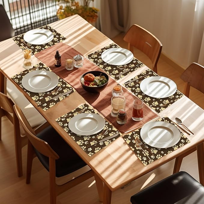 Placemats Set of 6, Cute Dog Paws Place Mats Washable Heat Resistant 12×18 Inch Linen Table Mats for Party Outdoor Dining Décor