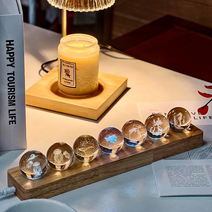 3D Crystal Laser Ocean Light Up Decorative Balls with LED Wooden Base - 7 Glass Laser Balls, Night Light Decoration for Home, Kids Room Gifts for Women