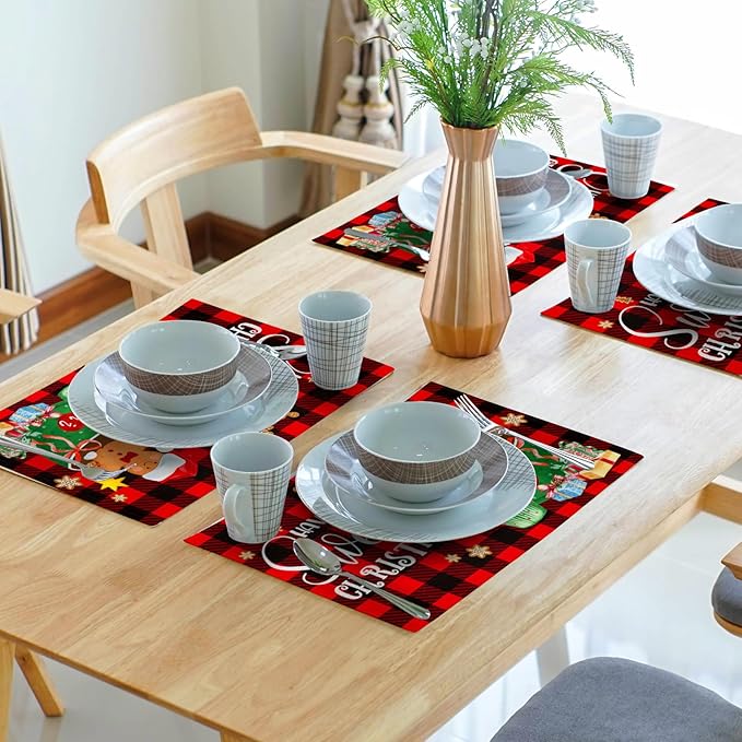 Giwawa Gingerbread Placemats Set of 4, Have A Sweet Christmas Red Black Buffalo Plaids Place Mat, Winter Hot Cocoa Cookie Table Mats 12"x18" for Kitchen Dining Holiday Party Decor